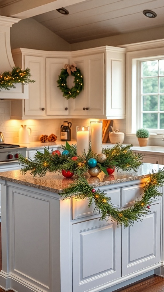 A festive kitchen island adorned with greenery, candles, and ornaments for Christmas.